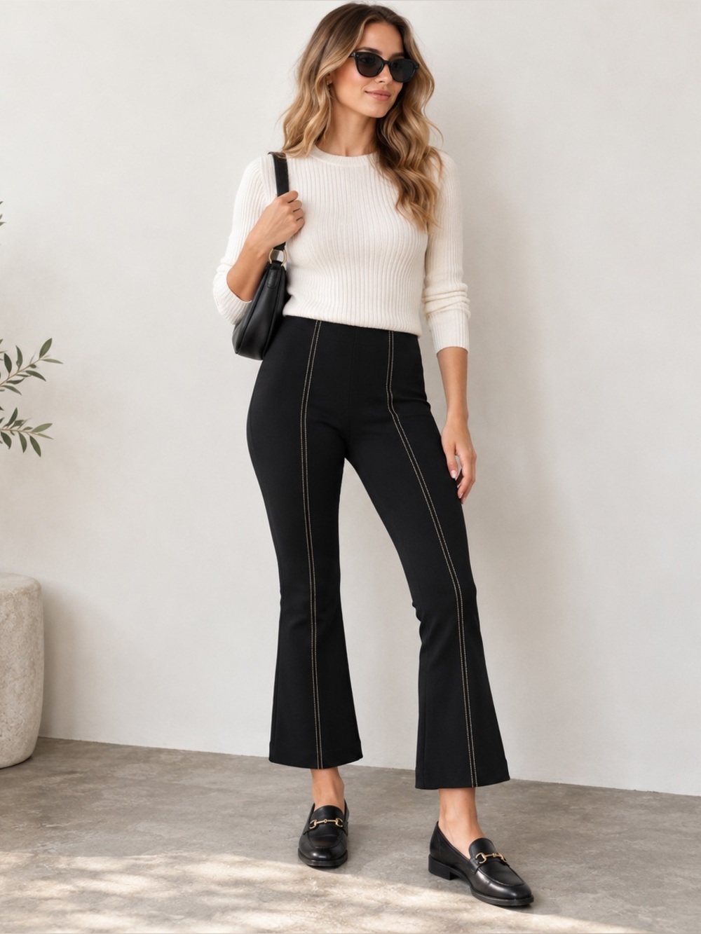 Anthropologie Women’s XXSP Essential Crop Flare Pants Black Contrast Stitch Y2K